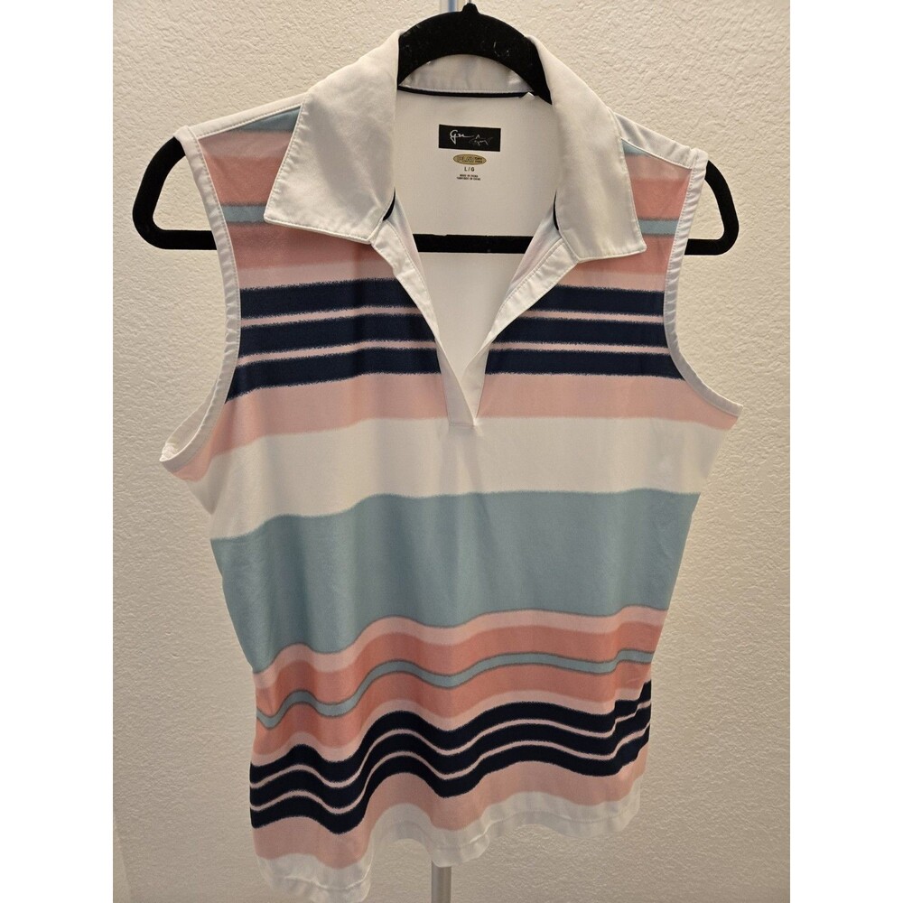 Greg Norman L Striped Play Dry Sleeveless V Neck Golf Polo Shirt Top Women